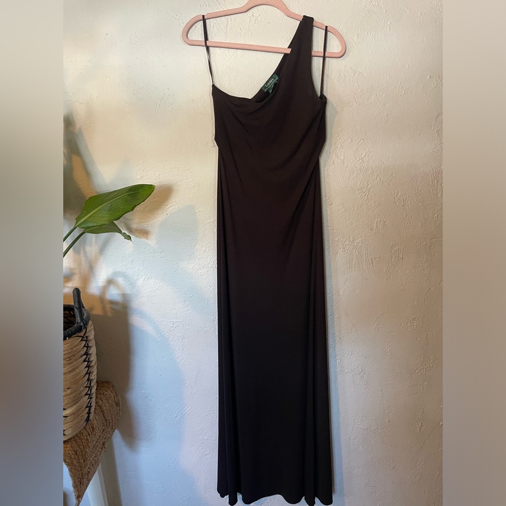 Lauren Ralph Lauren Elegant Brown One Shoulder Maxi Dress VINTAGE